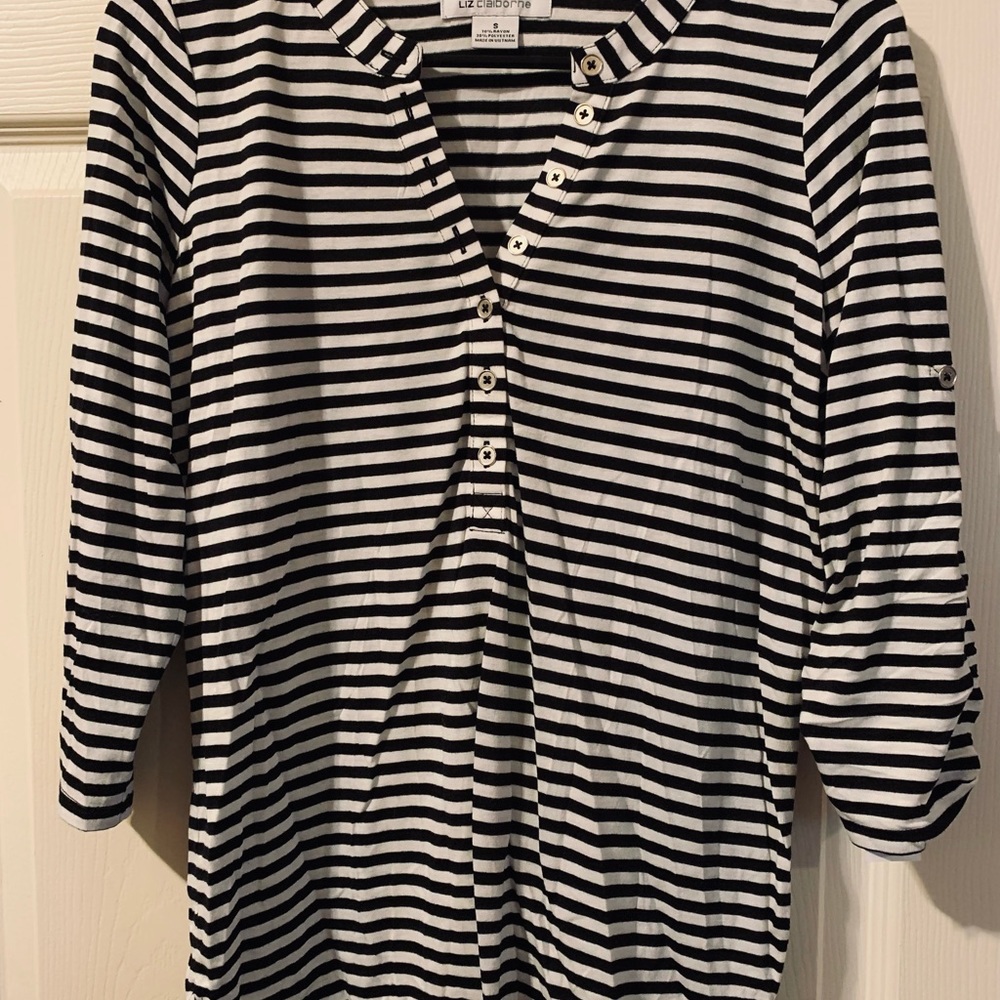 Liz Claiborne Black Multi stripe button neck shirt.  Small NWT